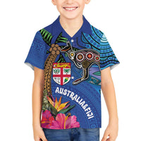 Fiji and Australia Together Family Matching Off Shoulder Short Dress and Hawaiian Shirt Aboriginal Kangaroo and Tapa Tribal Hibiscus LT03 Son's Shirt Blue - Polynesian Pride