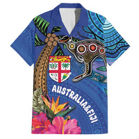 Fiji and Australia Together Family Matching Summer Maxi Dress and Hawaiian Shirt Aboriginal Kangaroo and Tapa Tribal Hibiscus LT03 Dad's Shirt - Short Sleeve Blue - Polynesian Pride