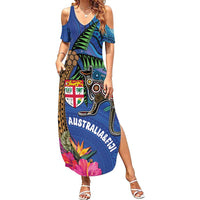 Fiji and Australia Together Family Matching Summer Maxi Dress and Hawaiian Shirt Aboriginal Kangaroo and Tapa Tribal Hibiscus LT03 Mom's Dress Blue - Polynesian Pride