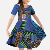 Fiji and Australia Together Kid Short Sleeve Dress Aboriginal Kangaroo and Tapa Tribal Hibiscus LT03 KID Blue - Polynesian Pride