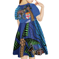 Fiji and Australia Together Kid Short Sleeve Dress Aboriginal Kangaroo and Tapa Tribal Hibiscus LT03 - Polynesian Pride
