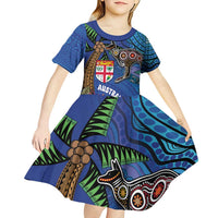 Fiji and Australia Together Kid Short Sleeve Dress Aboriginal Kangaroo and Tapa Tribal Hibiscus LT03 - Polynesian Pride