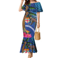 Fiji and Australia Together Mermaid Dress Aboriginal Kangaroo and Tapa Tribal Hibiscus LT03 Women Blue - Polynesian Pride