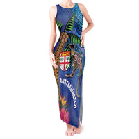 Fiji and Australia Together Tank Maxi Dress Aboriginal Kangaroo and Tapa Tribal Hibiscus LT03 Women Blue - Polynesian Pride
