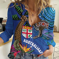 Fiji and Australia Together Women Casual Shirt Aboriginal Kangaroo and Tapa Tribal Hibiscus LT03 Female Blue - Polynesian Pride