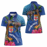 Fiji and Australia Together Women Polo Shirt Aboriginal Kangaroo and Tapa Tribal Hibiscus