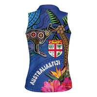 Fiji and Australia Together Women Sleeveless Polo Shirt Aboriginal Kangaroo and Tapa Tribal Hibiscus LT03 - Polynesian Pride