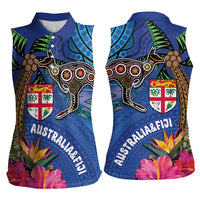 Fiji and Australia Together Women Sleeveless Polo Shirt Aboriginal Kangaroo and Tapa Tribal Hibiscus LT03 - Polynesian Pride