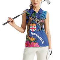 Fiji and Australia Together Women Sleeveless Polo Shirt Aboriginal Kangaroo and Tapa Tribal Hibiscus LT03 - Polynesian Pride
