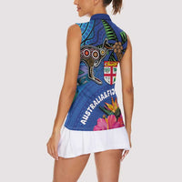 Fiji and Australia Together Women Sleeveless Polo Shirt Aboriginal Kangaroo and Tapa Tribal Hibiscus LT03 - Polynesian Pride