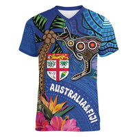 Fiji and Australia Together Women V-Neck T-Shirt Aboriginal Kangaroo and Tapa Tribal Hibiscus LT03 Female Blue - Polynesian Pride