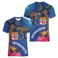 Fiji and Australia Together Women V-Neck T-Shirt Aboriginal Kangaroo and Tapa Tribal Hibiscus LT03 - Polynesian Pride