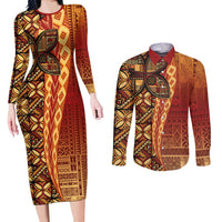 Samoan Pacific Tribal Flower Geometric Art Tattoos Couples Matching Long Sleeve Bodycon Dress and Long Sleeve Button Shirt Siapo Pattern Flame Sunset LT03 Red - Polynesian Pride