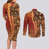 Samoan Pacific Tribal Flower Geometric Art Tattoos Couples Matching Long Sleeve Bodycon Dress and Long Sleeve Button Shirt Siapo Pattern Flame Sunset LT03 - Polynesian Pride