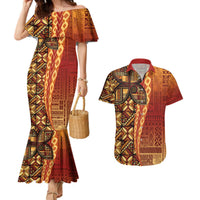 Samoan Pacific Tribal Flower Geometric Art Tattoos Couples Matching Mermaid Dress and Hawaiian Shirt Siapo Pattern Flame Sunset LT03 Red - Polynesian Pride