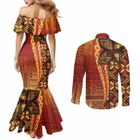 Samoan Pacific Tribal Flower Geometric Art Tattoos Couples Matching Mermaid Dress and Long Sleeve Button Shirt Siapo Pattern Flame Sunset LT03 - Polynesian Pride