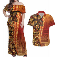 Samoan Pacific Tribal Flower Geometric Art Tattoos Couples Matching Off Shoulder Maxi Dress and Hawaiian Shirt Siapo Pattern Flame Sunset LT03 Red - Polynesian Pride