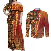 Samoan Pacific Tribal Flower Geometric Art Tattoos Couples Matching Off Shoulder Maxi Dress and Long Sleeve Button Shirt Siapo Pattern Flame Sunset LT03 Red - Polynesian Pride