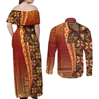 Samoan Pacific Tribal Flower Geometric Art Tattoos Couples Matching Off Shoulder Maxi Dress and Long Sleeve Button Shirt Siapo Pattern Flame Sunset LT03 - Polynesian Pride
