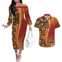 Samoan Pacific Tribal Flower Geometric Art Tattoos Couples Matching Off The Shoulder Long Sleeve Dress and Hawaiian Shirt Siapo Pattern Flame Sunset LT03 Red - Polynesian Pride