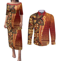 Samoan Pacific Tribal Flower Geometric Art Tattoos Couples Matching Puletasi and Long Sleeve Button Shirt Siapo Pattern Flame Sunset - Polynesian Pride