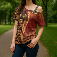 Samoan Pacific Tribal Flower Geometric Art Tattoos Cross Shoulder Shirt Siapo Pattern Flame Sunset - Polynesian Pride