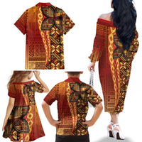 Samoan Pacific Tribal Flower Geometric Art Tattoos Family Matching Off The Shoulder Long Sleeve Dress and Hawaiian Shirt Siapo Pattern Flame Sunset LT03 - Polynesian Pride