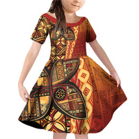 Samoan Pacific Tribal Flower Geometric Art Tattoos Family Matching Off Shoulder Short Dress and Hawaiian Shirt Siapo Pattern Flame Sunset LT03 Daughter's Dress Red - Polynesian Pride