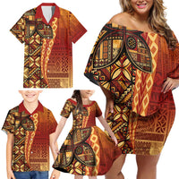 Samoan Pacific Tribal Flower Geometric Art Tattoos Family Matching Off Shoulder Short Dress and Hawaiian Shirt Siapo Pattern Flame Sunset LT03 - Polynesian Pride