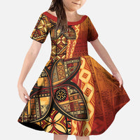 Samoan Pacific Tribal Flower Geometric Art Tattoos Family Matching Short Sleeve Bodycon Dress and Hawaiian Shirt Siapo Pattern Flame Sunset LT03 Daughter's Dress Red - Polynesian Pride