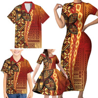 Samoan Pacific Tribal Flower Geometric Art Tattoos Family Matching Short Sleeve Bodycon Dress and Hawaiian Shirt Siapo Pattern Flame Sunset LT03 - Polynesian Pride
