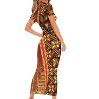 Samoan Pacific Tribal Flower Geometric Art Tattoos Short Sleeve Bodycon Dress Siapo Pattern Flame Sunset - Polynesian Pride