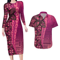 Samoan Pacific Tribal Flower Geometric Art Tattoos Couples Matching Long Sleeve Bodycon Dress and Hawaiian Shirt Siapo Pattern Romantic Rose LT03 Pink - Polynesian Pride