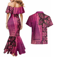 Samoan Pacific Tribal Flower Geometric Art Tattoos Couples Matching Mermaid Dress and Hawaiian Shirt Siapo Pattern Romantic Rose LT03 - Polynesian Pride