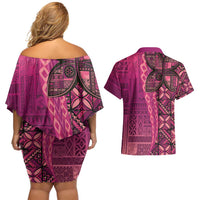 Samoan Pacific Tribal Flower Geometric Art Tattoos Couples Matching Off Shoulder Short Dress and Hawaiian Shirt Siapo Pattern Romantic Rose LT03 - Polynesian Pride