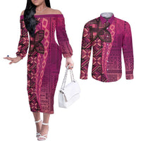Samoan Pacific Tribal Flower Geometric Art Tattoos Couples Matching Off The Shoulder Long Sleeve Dress and Long Sleeve Button Shirt Siapo Pattern Romantic Rose LT03 Pink - Polynesian Pride
