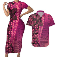 Samoan Pacific Tribal Flower Geometric Art Tattoos Couples Matching Short Sleeve Bodycon Dress and Hawaiian Shirt Siapo Pattern Romantic Rose LT03 Pink - Polynesian Pride
