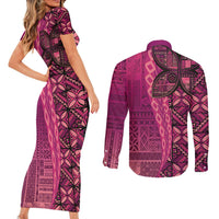 Samoan Pacific Tribal Flower Geometric Art Tattoos Couples Matching Short Sleeve Bodycon Dress and Long Sleeve Button Shirt Siapo Pattern Romantic Rose LT03 - Polynesian Pride