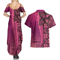 Samoan Pacific Tribal Flower Geometric Art Tattoos Couples Matching Summer Maxi Dress and Hawaiian Shirt Siapo Pattern Romantic Rose LT03 - Polynesian Pride