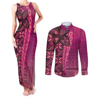 Samoan Pacific Tribal Flower Geometric Art Tattoos Couples Matching Tank Maxi Dress and Long Sleeve Button Shirt Siapo Pattern Romantic Rose LT03 Pink - Polynesian Pride