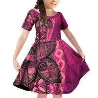Samoan Pacific Tribal Flower Geometric Art Tattoos Family Matching Off Shoulder Short Dress and Hawaiian Shirt Siapo Pattern Romantic Rose LT03 Daughter's Dress Pink - Polynesian Pride