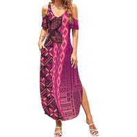 Samoan Pacific Tribal Flower Geometric Art Tattoos Family Matching Summer Maxi Dress and Hawaiian Shirt Siapo Pattern Romantic Rose LT03 Mom's Dress Pink - Polynesian Pride