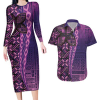 Samoan Pacific Tribal Flower Geometric Art Tattoos Couples Matching Long Sleeve Bodycon Dress and Hawaiian Shirt Siapo Pattern Purple Haze LT03 Purple - Polynesian Pride