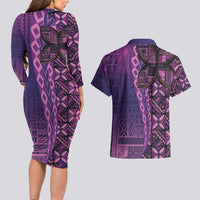 Samoan Pacific Tribal Flower Geometric Art Tattoos Couples Matching Long Sleeve Bodycon Dress and Hawaiian Shirt Siapo Pattern Purple Haze LT03 - Polynesian Pride