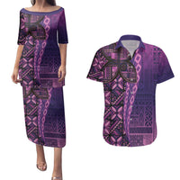 Samoan Pacific Tribal Flower Geometric Art Tattoos Couples Matching Puletasi and Hawaiian Shirt Siapo Pattern Purple Haze LT03 Purple - Polynesian Pride