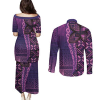 Samoan Pacific Tribal Flower Geometric Art Tattoos Couples Matching Puletasi and Long Sleeve Button Shirt Siapo Pattern Purple Haze LT03 - Polynesian Pride