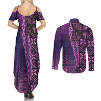 Samoan Pacific Tribal Flower Geometric Art Tattoos Couples Matching Summer Maxi Dress and Long Sleeve Button Shirt Siapo Pattern Purple Haze LT03 - Polynesian Pride