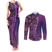 Samoan Pacific Tribal Flower Geometric Art Tattoos Couples Matching Tank Maxi Dress and Long Sleeve Button Shirt Siapo Pattern Purple Haze LT03 Purple - Polynesian Pride