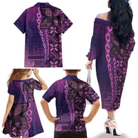 Samoan Pacific Tribal Flower Geometric Art Tattoos Family Matching Off The Shoulder Long Sleeve Dress and Hawaiian Shirt Siapo Pattern Purple Haze LT03 - Polynesian Pride