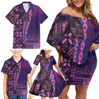 Samoan Pacific Tribal Flower Geometric Art Tattoos Family Matching Off Shoulder Short Dress and Hawaiian Shirt Siapo Pattern Purple Haze LT03 - Polynesian Pride